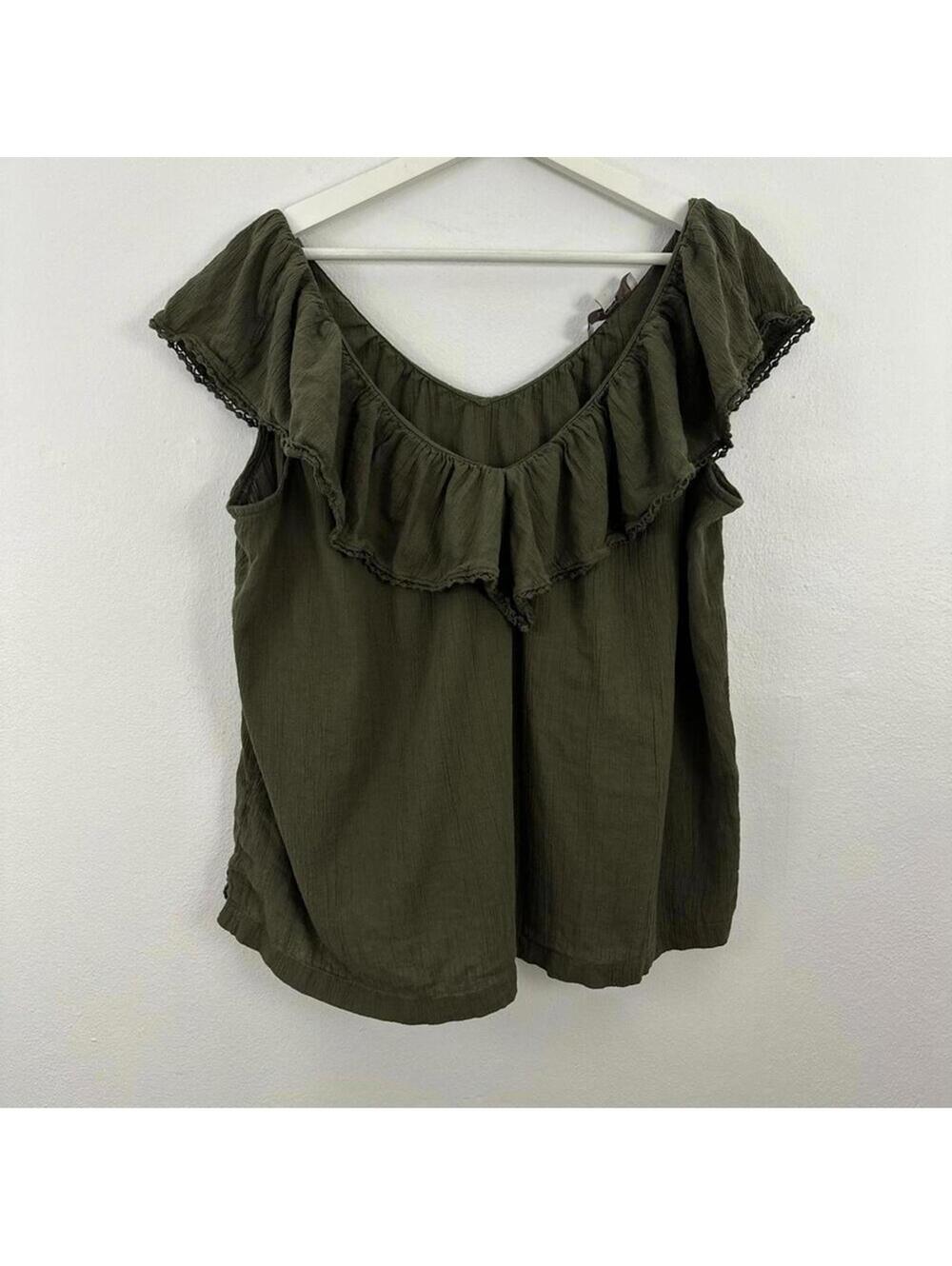 LOFT Green Crinkle Gauze Wide V Ruffle Blouse Women's Size XL